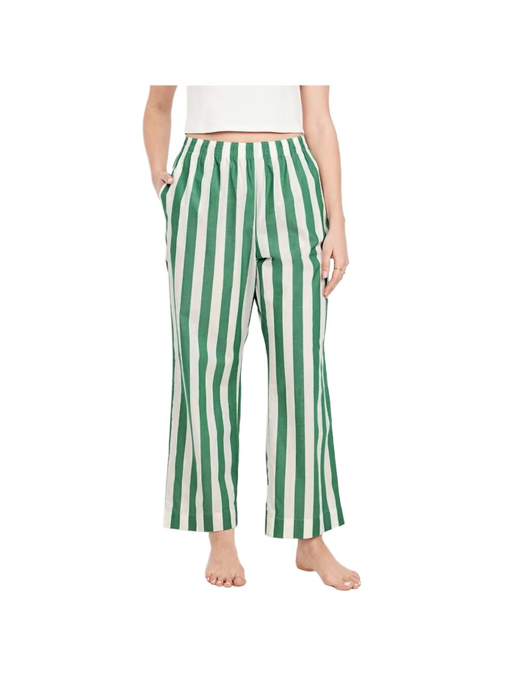 Old Navy High-Waisted Poplin Pajama Pants Sz S TALL New $30 Green Stripe 32” L